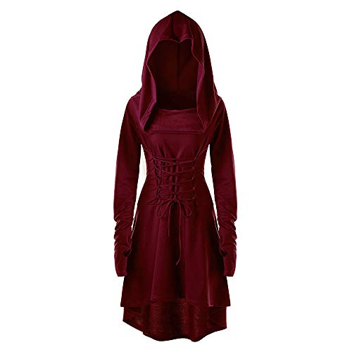 LOSSLO Halloween Kostüm Damen, Schnürkleid mit Kapuze Damen Langarm Gothic Kleidung Vintage Mittelalter Gebunden Taille Kleid Maxikleider Renaissance Kleider Frauen Festlich Cosplay Halloween-kostüm von LOSSLO