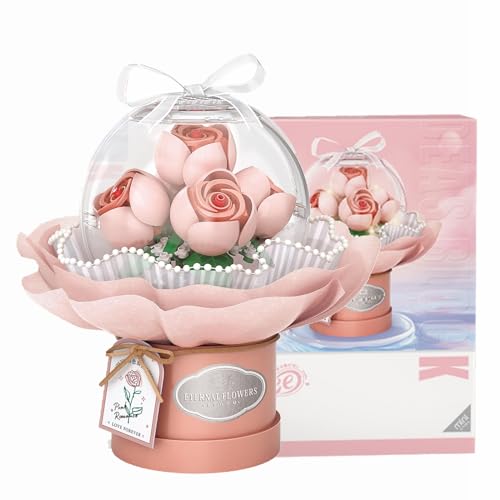 LOTOLO Blumenstrauß Bausteine Set,Simulation Blume mit staubdichte Kuppel für Valentinstag,Bonsai Bauziegel Spielzeug,Home Decor (Rosa Rose) von LOTOLO