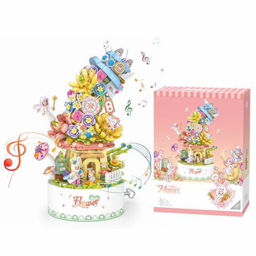 LOTOLO Falls Bausteine Drehen der Spieluhr Set,Süßigkeiten Blume Bonsai Botanische Sammlung Bauziegel Spielzeug,Home Decor (Blume) von LOTOLO