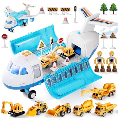 LOVE LIFE 21 in 1 Transport Flugzeug Spielzeug mit Rauch, Licht und Sound, für 3 4 5 6 Junge und Mädchen, Kinder mit 6 Mini-Baumaschinen von LOVE LIFE