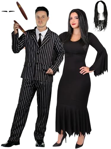 Halloween-Paar-Kostüm für Erwachsene, Größe L + M, Nadelstreifen, Anzugjacke und Hose, Spiv Tash und Zigarre, zerrissenes schwarzes Kleid und lange schwarze Perücke, Deluxe-Halloween-Kostüm für von LOVETRENDS