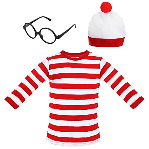 LOVETRENDS Childs Find Me Kostüm – Medium – langärmeliges rot und weiß gestreiftes T-Shirt, weiß & rot Bommelmütze, runde Brille – Kinderwelttag Buchwoche Faschingskostüm von LOVETRENDS