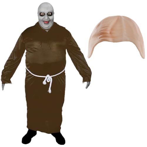 LOVETRENDS Halloween-Kostüm für Herren, Größe M, brauner Robe, nackte Glatzenmütze und Gesichtsfarbe, Halloween-Kostüm für Herren von LOVETRENDS