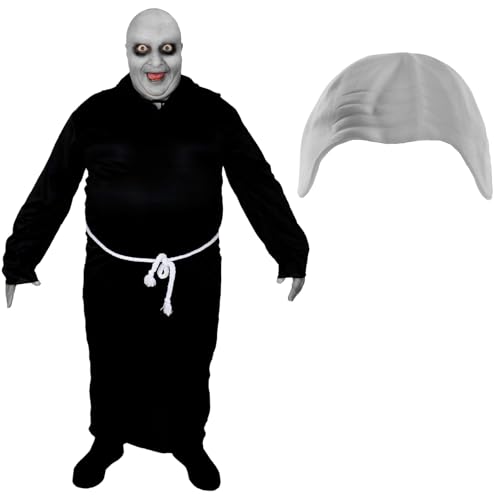 LOVETRENDS Halloween-Kostüm für Herren, Größe XXXL, schwarzer Robe, weiße Glatzenmütze und Gesichtsfarbe, Halloween-Kostüm für Herren von LOVETRENDS