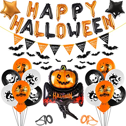 Halloween Decoration Set 38 Pcs,Halloween Luftballons deko,Folienballon Halloween Pumpkin Bat,3D Fledermäuse Deko,Happy Halloween Girlande Bunting Banner For Halloween Party Deko,Outdoor,Garden,Indoor von LOVEXIU