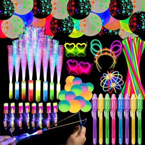 LOVEXIU Knicklichter Party Set 114 PCS, Neon Party Deko Geburtstag, LED Leuchtspielzeug Partyartikel, LED Leuchtstab Glasfaser, Neon Luftballons, Glow Sticks für Party, Konzert, Hochzeit von LOVEXIU