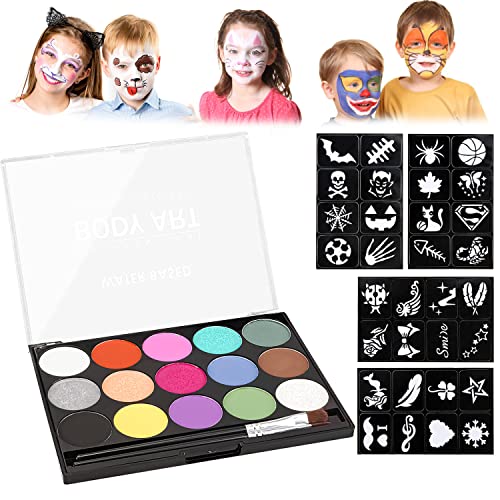 LOVEXIU Kinderschminke Set, 15 Professionelle Organische Gesichtsfarbe Halloween,Schminkfarben, Bodypainting Schminke & Gesicht malen voller Farbe, 32 Schablonen+ 2 Pinsel für Maskerade Halloween von LOVEXIU