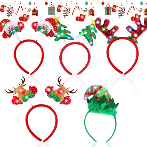 Weihnachten Kopfschmuck 5 Stück,Weihnachts Haarschmuck,Weihnachtsstirnband,Haarreifen Weihnachten mit Beleuchtung,Weihnachten Stirnband LED für Damen Herren Kinder Weihnachten Festival Party Supplies von LOVEXIU