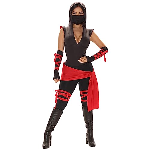 LOVHOT Damen Halloween Kostüme Ninja Set Kostüm Schwarz Mit Kapuze Bandage Bodysuit mit Arm Ärmeln Cosplay Party Outfits (Schwarz, L) von LOVHOT