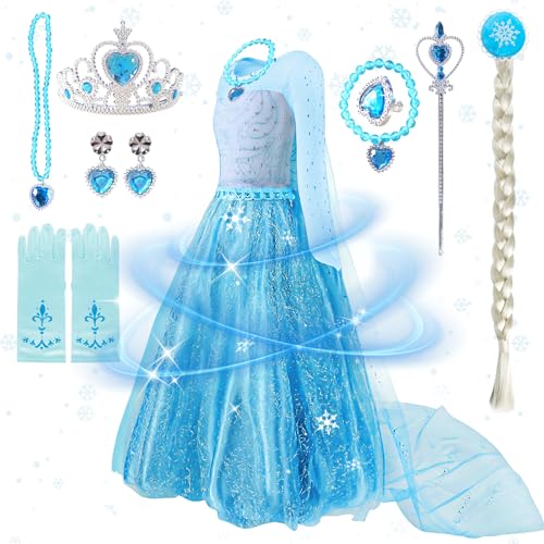 LOVICVKEM Elsa kostüm mädchen, ELSA Mädchen Prinzessin 11-teiliges Set mit Krone Diadem Handschuhe Zauberstab usw, Kostüm Kleid Kinder Set für Weihnachten Verkleidung Karneval Halloween (A) von LOVICVKEM