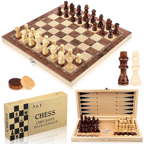 LOVICVKEM Schachspiel Holz Hochwertig, 3 in 1 Schach, Tragbares und Faltbares Chess Board Set,Reiseschach Figuren,Schach Backgammon Holz,Schachfiguren Chess Set, Schach für Kinder und Erwachsene von LOVICVKEM