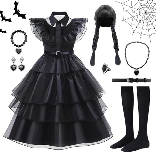 LOVICVKEM Wednesday Kostüm kinder, Halloween Kostüm Kinder Mädchen, Mittwoch Kostüm Mädchenkleid,Gothic Kleider Outfits mit Perücke,Ohrring,Socken,Kleid für Mädchen Halloween Karneval Cosplay (130) von LOVICVKEM