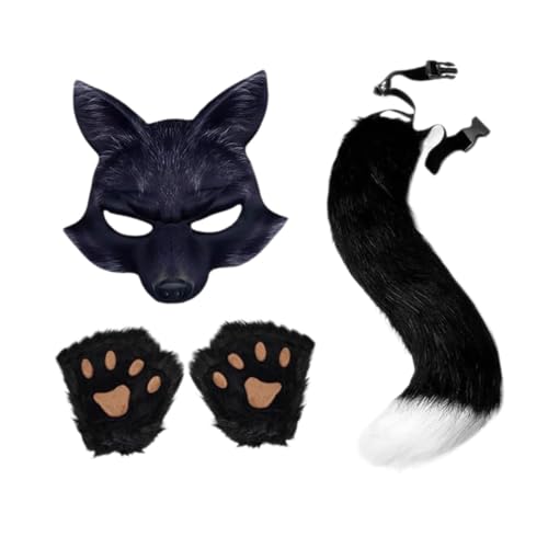 LOVIVER Maske und Schwanz-Set, Plüsch-Tierform-Kostüm für Halloween-Party-Kostüm, Schwarz von LOVIVER