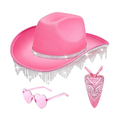 LOVIVER -Strass-Quasten, Cowboy-Hut, Cowgirl-Hut mit Bandana, nbrille, Trendiger, Krempe, langlebiger nhut für Requisiten Freien, ROSA von LOVIVER