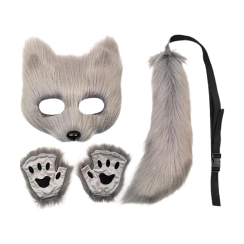 LOVIVER Tiermaske und Schwanz-Set, Tierschwanz für Maskerade, Nachtclub, Bühnenauftritt, Hellgrau von LOVIVER