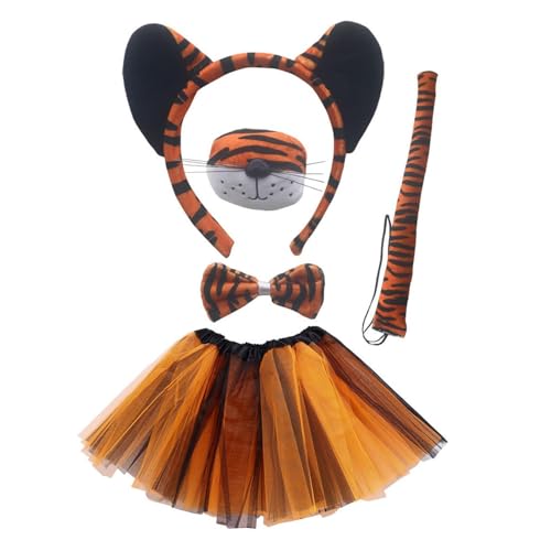 LOVIVER Tiger-Kostüm-Set für Kinder und Mädchen, Halloween-Kostüm, Stirnband, Schwanz, Nase, Fliege, Tutu-Rock, Halloween-Stirnband mit Tigerohren für Mädchen, schwarze Ohren von LOVIVER