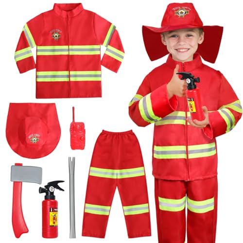 LOYO WIKITOT Kinder Rollenspiel Halloween Kostüme, Feuerwehrmann Kostüm mit Feuerwehrmann Outfit Spielzeug Zubehör für Kinder von LOYO