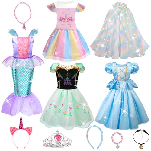 Prinzessinnen-Kostüme für Mädchen - 4 Sets Prinzessinnenkleider für kleine Mädchen im Alter von 3 bis 8 Jahren - Prinzessin Spielzeug zum Verkleiden von Kleidung mit Umhang, Krone, Schmuck Zubehör von LOYO