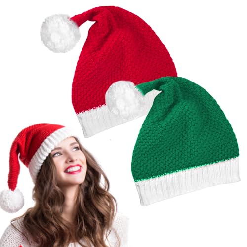 LPAMABA 2Pcs Weihnachtsmütze Gestrickte Nikolausmütze Weihnachtsmannmütze Winterwärmer Santaa Mützen Weihnachtsmann mütze Partyhut Nikolaus Mütze für Festliche Partys im neuen Jahr, Rote & Grün von LPAMABA