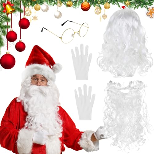 LPAMABA 4er Set Weihnachtsmann Bart Perücke Nikolaus Santa Bart und Perücke Santa Claus Weihnachtsbart Weihnachtsmannbrille Nikolausbrille Santa Claus Brille Rund Gold Weihnachtsmann Kostüm Zubehör von LPAMABA