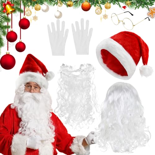 LPAMABA 5er Set Weihnachtsmann Bart Perücke Nikolaus Santa Claus Bart Perücke Weihnachtsbart Weihnachtsmann Mütze Nikolaus Santa Claus Mütze Weihnachtsmütze Weihnachtsmann Hanschuhe Brille Zubehör von LPAMABA