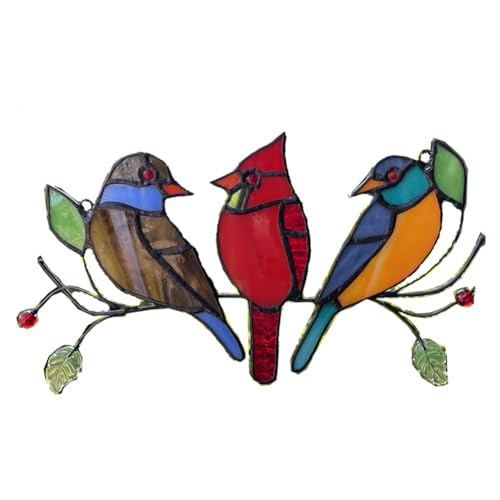 Mehrfarbige Vogel-Ornamente, Buntglas-Sonnenfänger, Fensterbehang, Vögel auf Ast, Sonnenfänger für Innenfenster für Mutter, Eltern, Jubiläumsgeschenke für Paare von LPFEMYHO