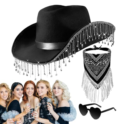 LPORF Strass-Quasten-Cowgirl-Hut, Strass-Cowgirl-Hüte für Frauen,3 Stück Cowgirl-Schal für Damen | Herz-Brillen-Set für Halloween, Maskerade, Abschlussfeier, Cosplay-Zubehör von LPORF