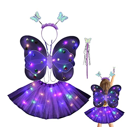 Leuchtende Feenkostüm, Märchenprinzessin Kostümset, Hautfreundliches LED-Feenkostüm mit Flügeln, Zauberstab und Stirnband, Leuchtendes Feenkleid für Mädchen für 3-10 von LPORF