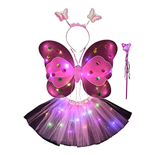 Leuchtende Feenkostüm, Märchenprinzessin Kostümset, Hautfreundliches LED-Feenkostüm mit Flügeln, Zauberstab und Stirnband, Leuchtendes Feenkleid für Mädchen für 3-10 von LPORF