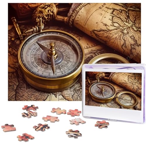 Puzzle 500 Teile Holzpuzzle Kompass und Alte Weltkarte Fotopuzzle Personalisiertes Bilderpuzzle für Erwachsene Benutzerdefinierte Puzzles Herausfordernde Puzzles für Familie Hochzeitsgeschenk von LPSRTWE