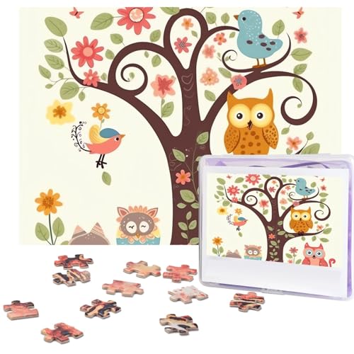 Puzzle 500 Teile Holzpuzzle Niedliche Cartoon Eule Baum Blumen und Eichhörnchen Fotopuzzle Personalisiertes Bilderpuzzle für Erwachsene Benutzerdefinierte Puzzles Herausfordernde Puzzles für Familie von LPSRTWE