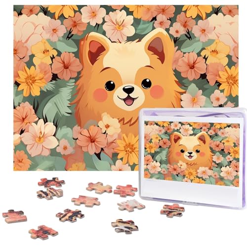 Puzzle 500 Teile Holzpuzzle Pomeranians Cartoon Blumen Fotopuzzle Personalisiertes Bilderpuzzle für Erwachsene Benutzerdefinierte Puzzles Herausfordernde Puzzles für Familie Hochzeitsgeschenk von LPSRTWE