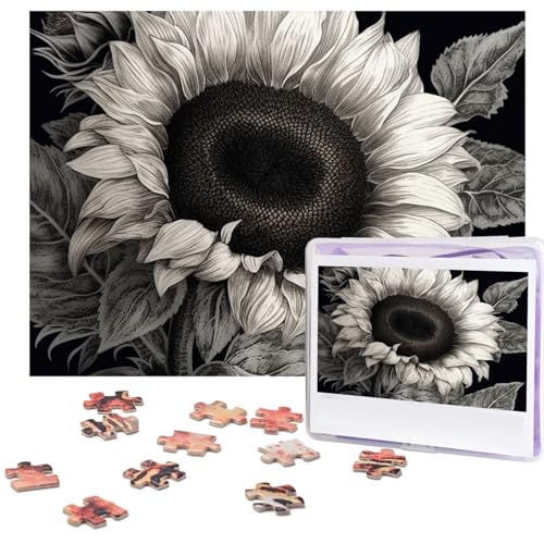 Puzzle 500 Teile Holzpuzzle Sonnenblume Schwarz Grau Fotopuzzle Personalisiertes Bilderpuzzle für Erwachsene Benutzerdefinierte Puzzles Herausfordernde Puzzles für Familie Hochzeitsgeschenk von LPSRTWE