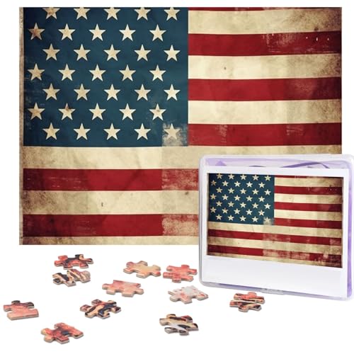 Puzzle 500 Teile Holzpuzzle Vintage Amerikanische USA-Flagge Fotopuzzle Personalisiertes Bilderpuzzle für Erwachsene Benutzerdefinierte Puzzles Herausfordernde Puzzles für Familie Hochzeitsgeschenk von LPSRTWE