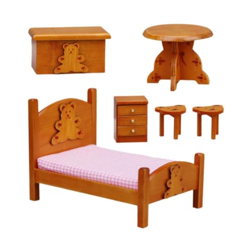 Schlafzimmermöbel Miniatur, 1 Set Miniatur-Möbel, Tischdekoration, Nachttisch, Miniatur-Modelle, Maßstab 1:12, Einzelbett mit Bettwäsche, niedlicher Truhe von LQQDREX