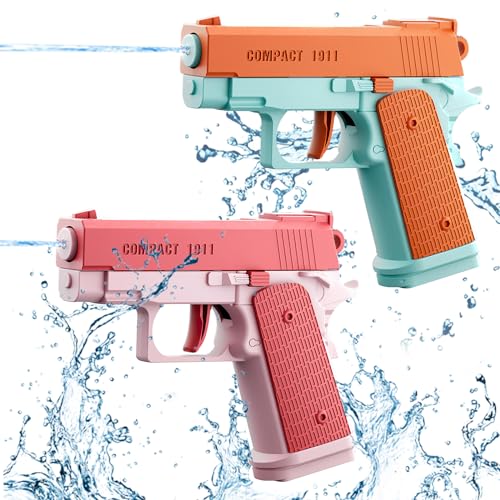 Wasserpistole Kinder 2 Stück Wasserpistolen Klein Wasserspritzpistole Reichweite 10 Meter Water Gun für Kinder Sommer Freien Pool Strand Wasserspielzeug (Orange+Rosa) von LQTSLFM