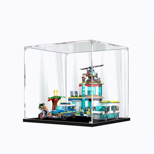 LRDECOR Staubdichte Acrylvitrine für LE-GO 60371 Notfallzentrum Bausteinmodell, transparente Box, Displaybox kompatibel mit Le-go 60371 (kein Modell) (2 mm schwarzer Sockel) von LRDECOR