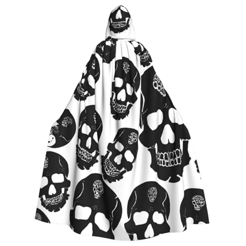 LRHCNZDCP Schwarzer Totenkopf-Aufdruck, Unisex, Kapuzenumhang für Erwachsene, Cosplay, Uniform, Sensenmann, Vampir-Party, Halloween, Faschingskostüme von LRHCNZDCP