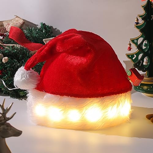 LSFYSZD Pailletten-Schneeflocken-Weihnachtsmann-Hut, Erwachsene, Plüsch-Kunstfellbesatz, Bommel, Unisex, Weihnachtsmütze für Urlaub, Party (rote Lichter leuchten, Einheitsgröße) von LSFYSZD