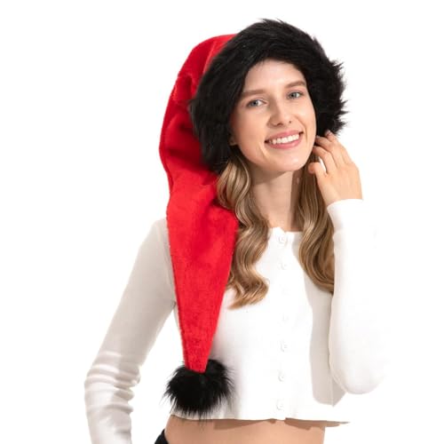 LSFYSZD Pailletten-Schneeflocken-Weihnachtsmann-Mütze für Erwachsene, Plüsch, Kunstfellbesatz, Bommel, Unisex, Weihnachtsmütze für Urlaubsparty (rot, schwarz, lang, Einheitsgröße) von LSFYSZD