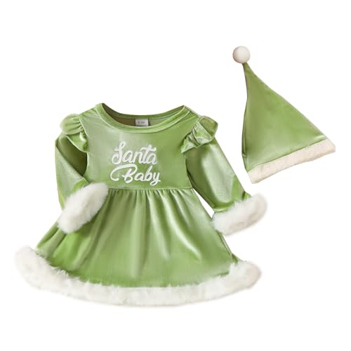 LSFYSZD Strampler für Neugeborene, Babys, Mädchen, Weihnachten, Samt, langärmelig, Pelzbesatz, Kleid + Mütze, Set (Grün, 0-3 Monate) von LSFYSZD