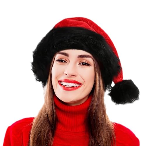 LSFYSZD Weihnachtsmütze mit Pailletten, Schneeflocke, Erwachsene, Plüsch, Kunstfellbesatz, Bommel, Unisex, Weihnachtsmütze für Urlaub, Party (A Schwarz Rot, Einheitsgröße) von LSFYSZD