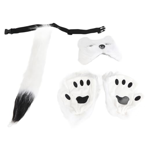 LSFYYDS Kunstpelz Lowrie Schwanz Katze Wolf Cosplay Kostüm Set Plüsch Maske Flauschige Krallenhandschuhe Halloween Weihnachtsfeier für Mädchen Frauen (B) von LSFYYDS