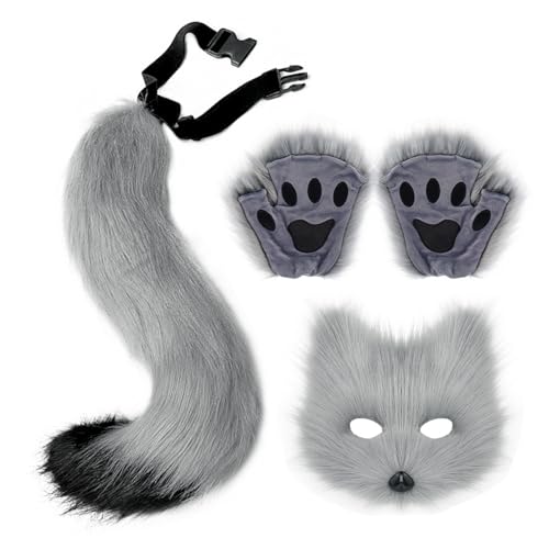 LSFYYDS Kunstpelz Lowrie Schwanz Katze Wolf Cosplay Kostüm Set Plüsch Maske Flauschige Krallenhandschuhe Halloween Weihnachtsfeier für Mädchen Frauen (C) von LSFYYDS