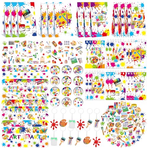 121-teiliges Kunst-Partygeschenk-Set, Mal-Partygeschenke für Kinder, 49 Aufkleber, 12 Tattoo-Aufkleber, 12 Knopf-Abzeichen, 12 Mini-Notizblöcke, 12 Slap-Armbänder, 12 Schlüsselanhänger, 12 von LSJDEER