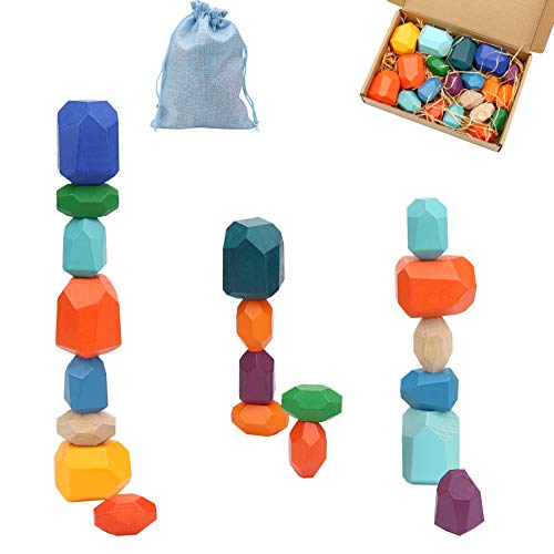 LSJDEER 20 Stück Holzsteine Balance Steine Bausteine Set, Farbiges Holz Balancing Stein Stapeln Spiel, natürliches pädagogisches Vorschullernen, großes kleines Puzzle Spielzeug für Kinder (20 Stück) von LSJDEER