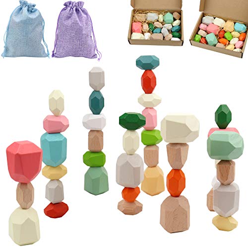 LSJDEER 40 Stück Holzsteine Balance-Steine Bausteine Set, Farbiges Holz Balancing Stein Stapeln Spiel, natürliches pädagogisches Vorschullernen, großes kleines Puzzle-Spielzeug für Kinder (40 Stück) von LSJDEER