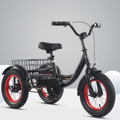 LSQXSS 12-Zoll-Dreiräder für Kleinkinder zum Reisen und Abhängen, Cruiser-Dreirad mit Fußpedalen, Vorderrad-Bremse, 3-Räder-Fahrrad mit großem hinteren Korb, Luftreifen-Speichenräder von LSQXSS