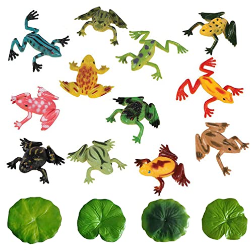 12 bunte Kunststoff-Froschmodelle mit künstlichen Lotusblättern, tropische Simulationsfrösche, Tiererkennungsspielzeug für Kinder, schwimmende Dekoration für Teiche, künstliche Mikro-Landschaftspools von LSYYSL