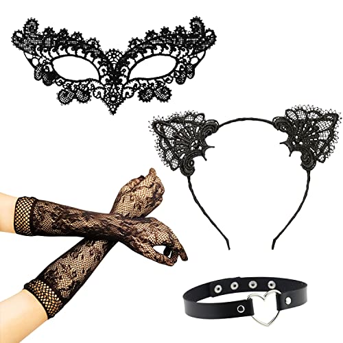 LSYYSL Set mit 5 Maskerade-Accessoires, Spitzen-Augenmaske, Spitzen-Katzenohren-Stirnband, Herz-Halsband, Spitzenhandschuhe, Karnevalsparty, Prom-Nachtclub-Maske, Halloween-Party. von LSYYSL